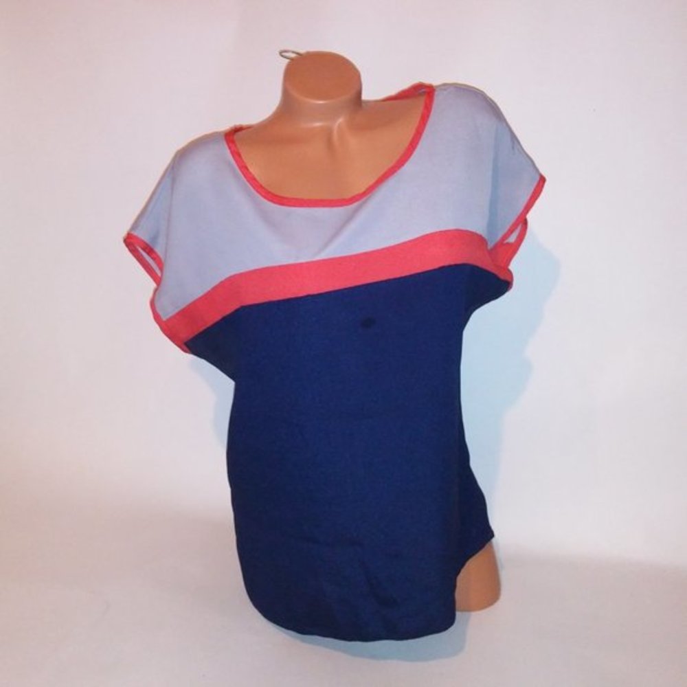 Flats & Heels Blouse Large Navy Blue Gray Orange Colorblock Chiffon Short Sleeve